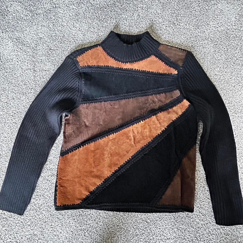 Vtg 90s Suede Patchwork Sweater Mock Neck Ribbed Knit Geometric Earthy Boho M